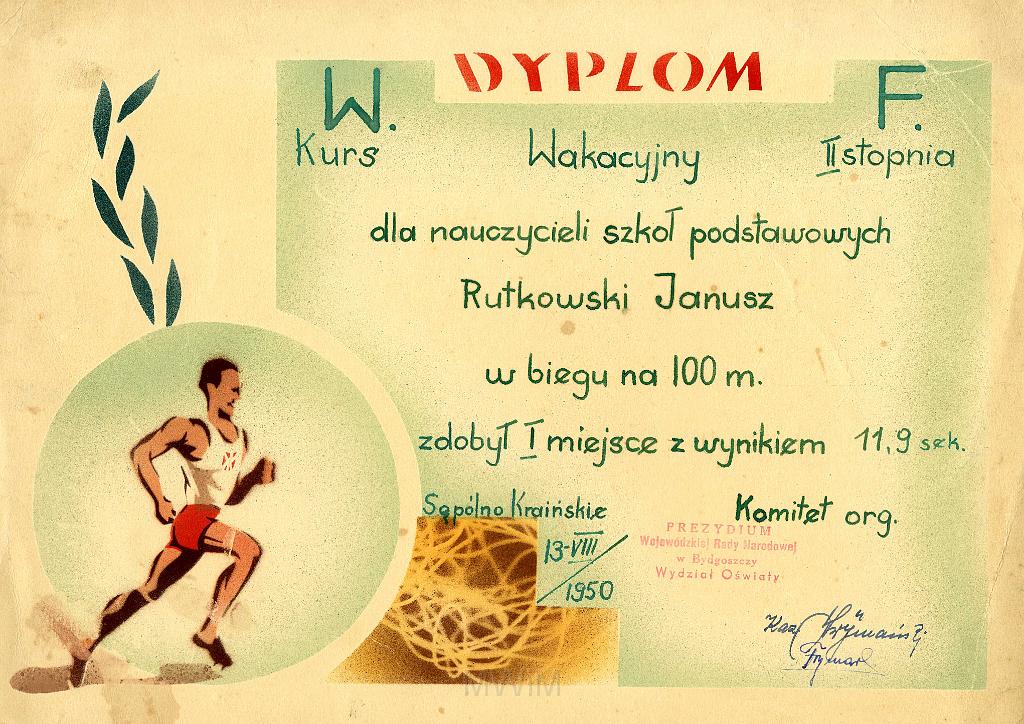 KKE 3245.jpg - Dyplom, Jana Rutkowskiego za I m. 100ml, Sępólno Kraińskie, 1950 r.